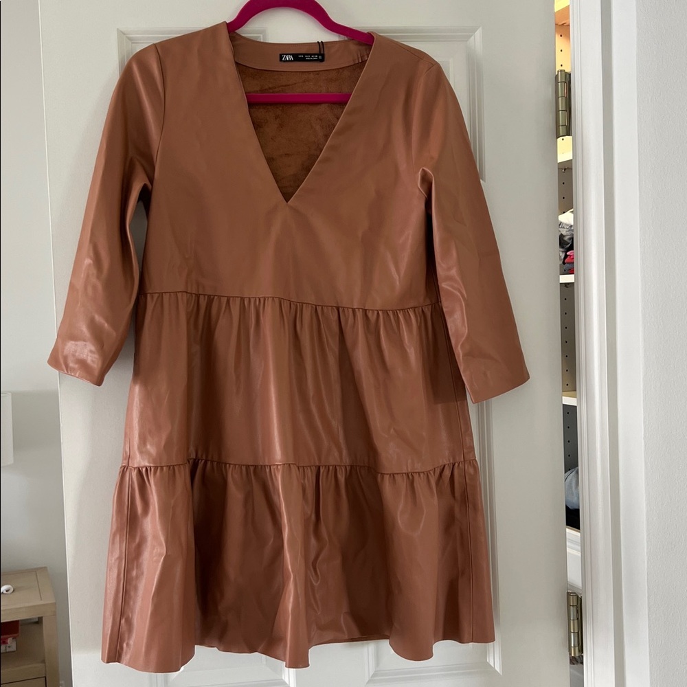 Zara Tan Faux Leather V-Neck Dress